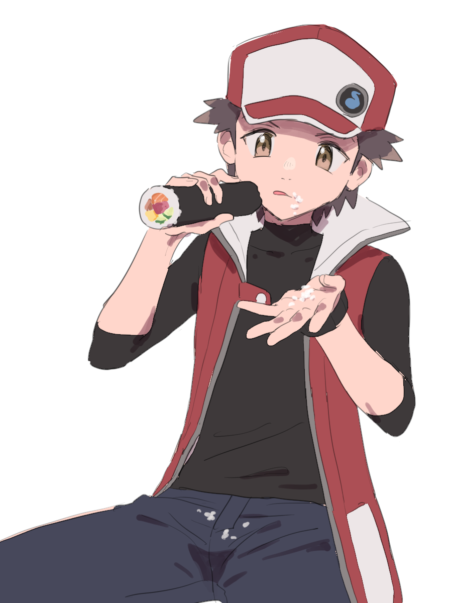 1boy, black_shirt, brown_eyes, brown_hair, commentary_request, ehoumaki, food, food_on_face