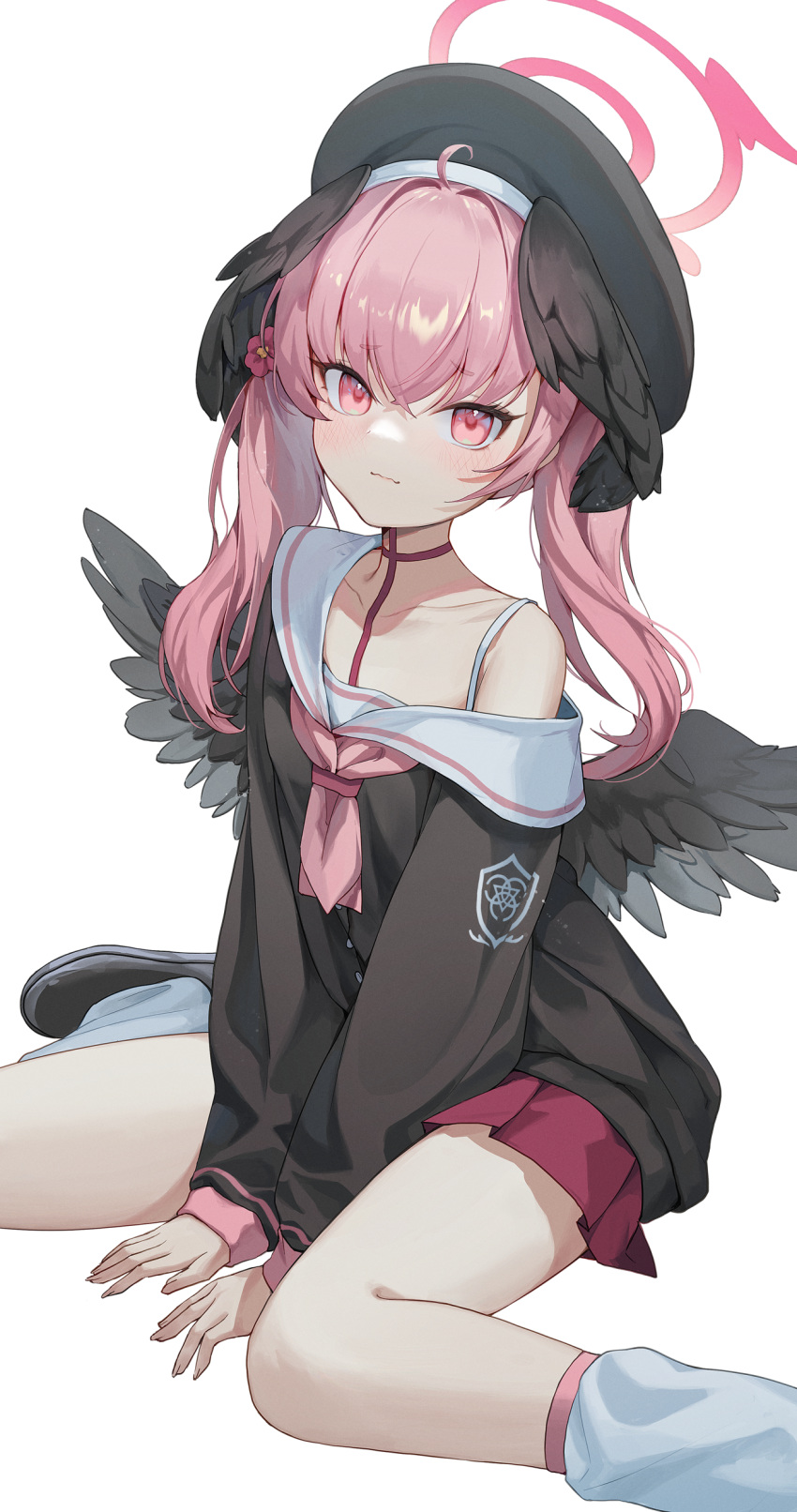 1girl, absurdres, ahoge, beret, black_bag, black_hat, black_shirt, black_wings