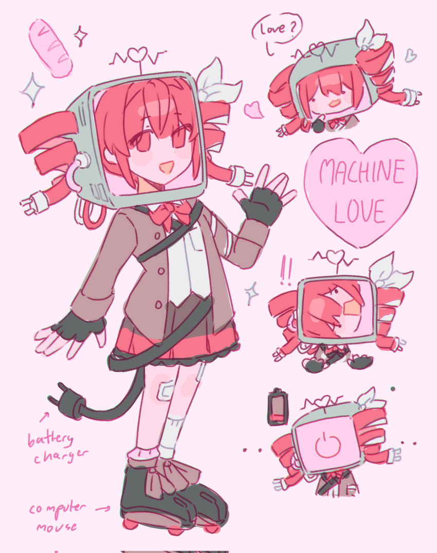 1girl, black_gloves, black_shoes, bow, brown_skirt, cable, cable_hair, cable_tail