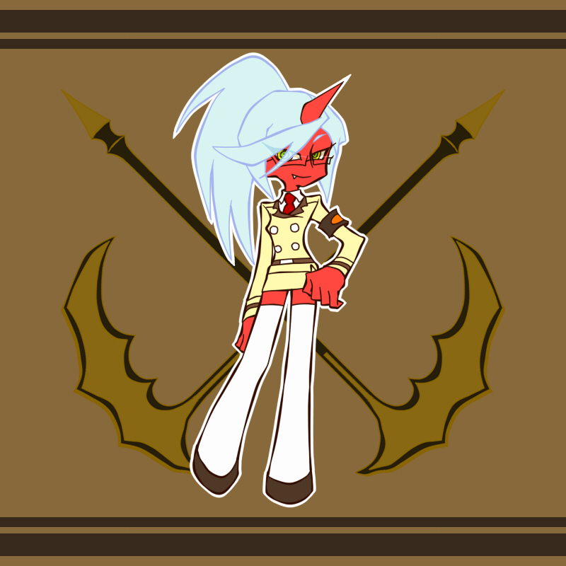 bad_id, demon_girl, double_gold_spandex, fang, glasses, horn, kneesocks_(character), kneesocks_(psg), necktie, official_style, panty_&amp;_stocking_with_garterbelt, ponytail, red_skin, rinnet, scythe, silver_hair, skirt, smile, solo, thigh-highs, thighhighs, uniform