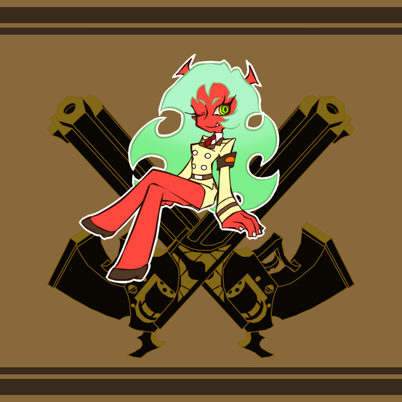 bad_id, crossed_legs, demon_girl, double_gold_lacytanga, fang, green_hair, gun, handgun