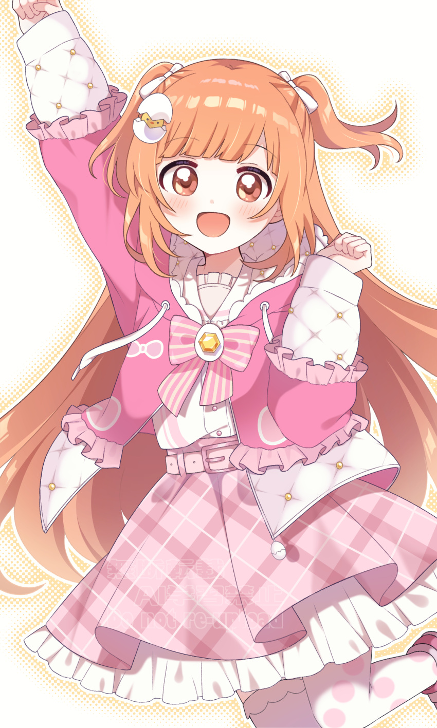 1girl, :d, absurdres, arm_up, belt, belt_buckle, blush, bow
