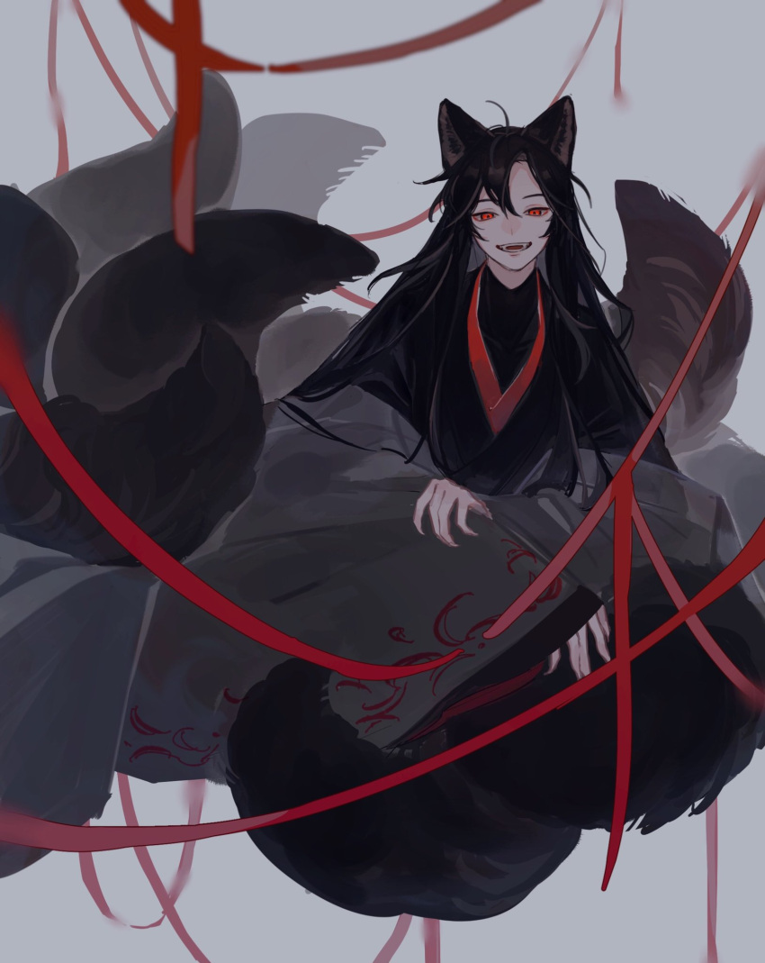 1boy, animal_ears, black_hair, black_hanfu, chinese_clothes, coat, fangs, fox_boy, fox_ears, fox_tail, full_body, grey_background, grey_coat, hair_between_eyes, hair_down, hair_ribbon, half_updo, hanfu, highres, kemonomimi_mode, kitsune, kyuubi, long_hair, long_sleeves, looking_at_viewer, male_focus, modao_zushi, multiple_tails, official_alternate_costume, official_alternate_hairstyle, open_mouth, red_eyes, red_ribbon, ribbon, simple_background, smile, solo, tail, wei_wuxian, wei_wuxian_(yiling_laozu), whale_52hz_o