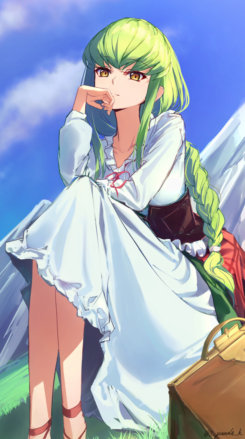 1girl, blue_sky, braid, braided_ponytail, brown_bag, c.c., closed_mouth, clouds
