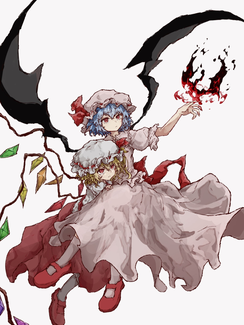 2girls, bat_wings, blonde_hair, blue_hair, crystal, crystal_wings, dress, flandre_scarlet, full_body, hat, hat_ribbon, highres, mary_janes, mob_cap, multiple_girls, myui17901139, open_mouth, puffy_short_sleeves, puffy_sleeves, red_eyes, red_ribbon, remilia_scarlet, ribbon, shoes, short_hair, short_sleeves, siblings, simple_background, sisters, touhou, white_background, wings, wrist_cuffs
