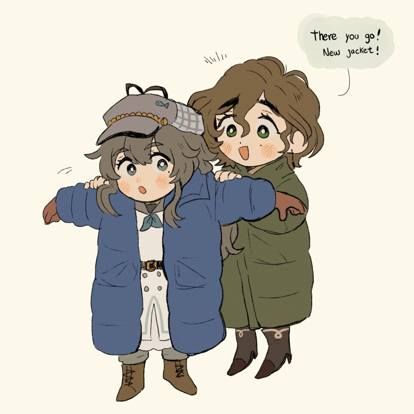 2girls, :d, :o, alternate_costume, ankle_boots, belt, black_belt, blue_coat, blue_eyes, blue_neckerchief, boots, brown_boots, brown_gloves, brown_hair, cabbie_hat, coat, deformed, down_coat, dress, dressing_another, english_text, gloves, green_coat, green_eyes, grey_hat, hands_on_another's_shoulders, hat, highres, long_dress, long_hair, looking_at_another, looking_to_the_side, marcus_(reverse:1999), mogufuuri, multiple_girls, neckerchief, outstretched_arms, recoleta_(reverse:1999), reverse:1999, short_hair, smile, speech_bubble, spread_arms, standing, white_background, white_dress