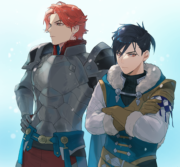 2boys, aqua_cape, armor, belt, black_hair, black_shirt, blue_tunic, breastplate