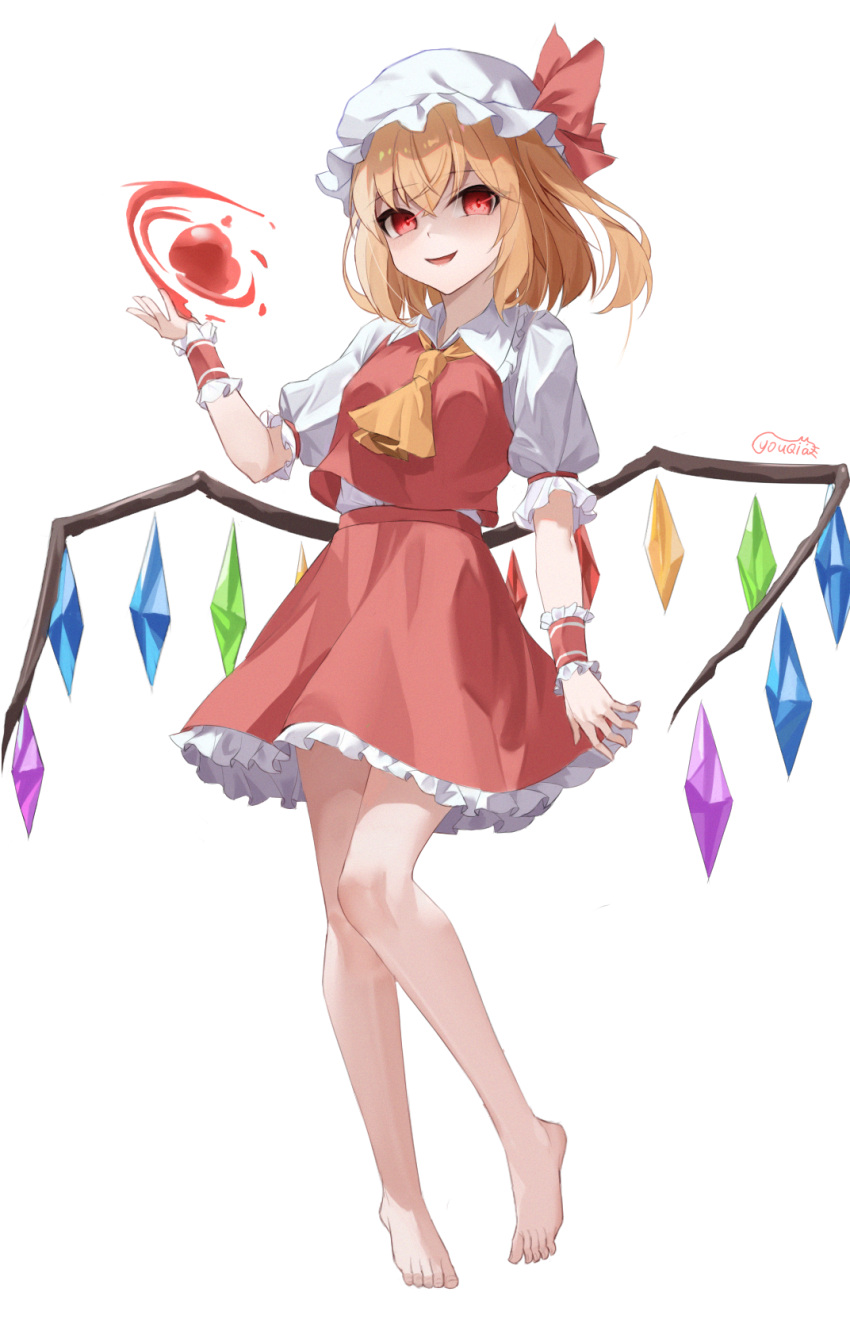 1girl, ascot, bare_legs, barefoot, blonde_hair, crystal, crystal_wings, flandre_scarlet