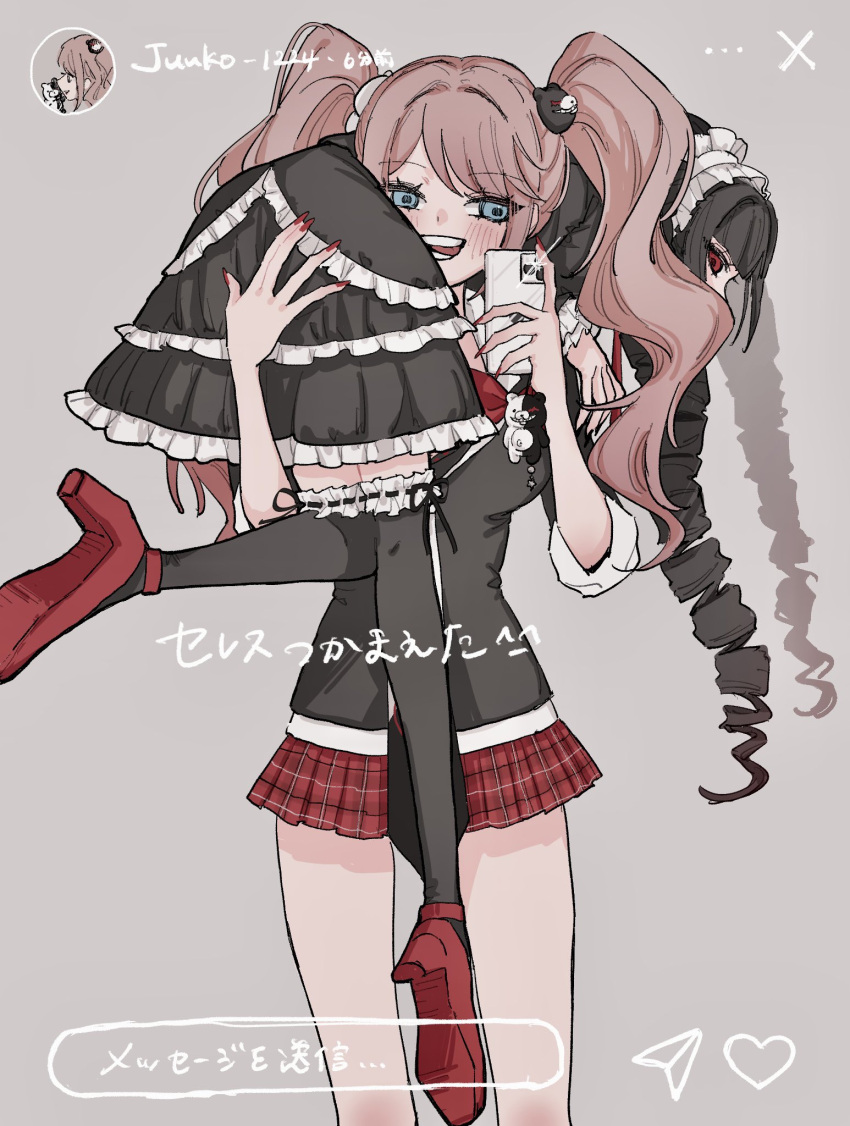2girls, :d, black_boots, black_hair, black_thighhighs, blush, boots, celestia_ludenberg
