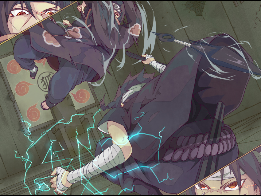 2guys, action, artist_request, bandage, bandages, black_hair, brothers, cloak, crack, cracks, dodging, duo, dutch_angle, fighting, floor, forehead_protector, headband, highres, holding, indoors, jumping, katana, kunai, leaping, lightning, looking_at_another, multiple_boys, naruto, pants, patterned, red_eyes, reverse_grip, robe, sandals, sharingan, sheath, short_hair, siblings, source_request, squatting, sword, throne, throwing, uchiha_itachi, uchiha_sasuke, weapon, yakitori_(artist)