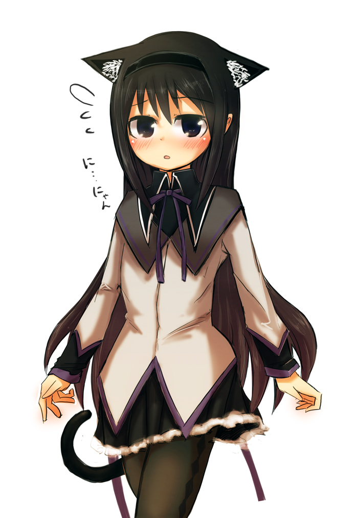 akemi_homura, animal_ears, black_hair, blush, cat_ears, cat_tail, ico_(green_bullet), ico_(number201)