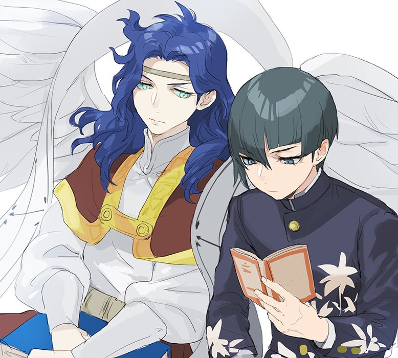 2boys, angel, angel_wings, asymmetrical_bangs, black_hair, black_jacket, blue_eyes, blue_hair