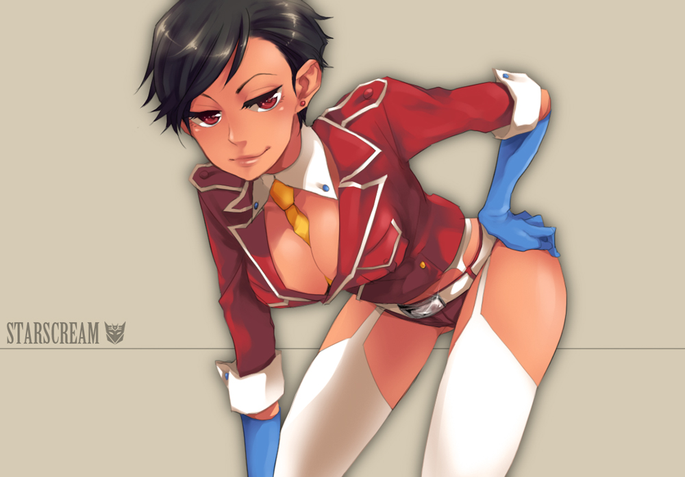 black_hair, breasts, cleavage, collar, dark_skin, earrings, female, genderswap, gloves, jewelry, necktie, nishiyama_(whatsoy), personification, red_eyes, short_hair, solo, starscream, thigh-highs, thighhighs, transformers, uniform