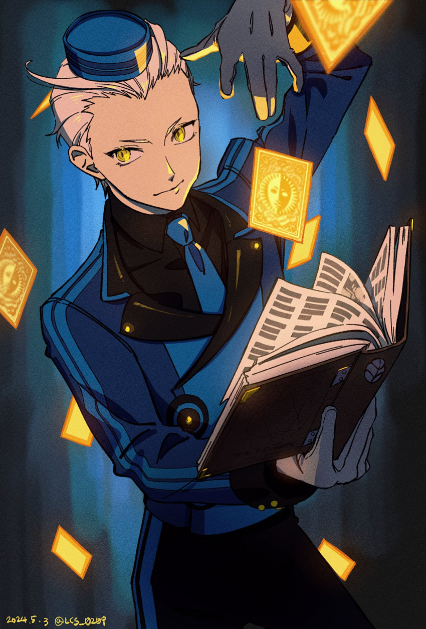 1boy, arm_up, bell-boy_hat, black_pants, blue_hat, blue_jacket, book, buttons