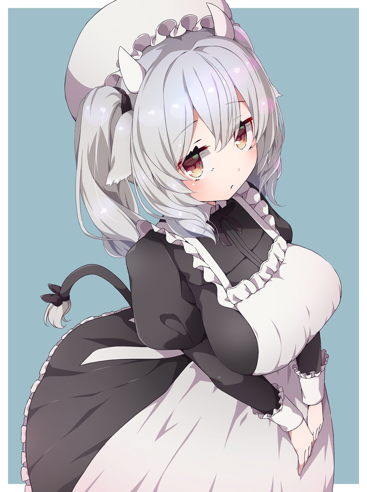 1girl, alternate_costume, animal_ears, apron, black_dress, blue_background, blush, bow, breasts, brown_eyes, cow_ears, cow_girl, cow_horns, cow_tail, dress, drias, frills, from_above, grey_hair, hair_between_eyes, hat, highleg, highleg_leotard, highres, horns, juliet_sleeves, large_breasts, leotard, long_hair, long_sleeves, looking_at_viewer, looking_up, maid, maid_apron, maid_headdress, medium_hair, milltina_(vrchat), mob_cap, own_hands_together, puffy_sleeves, red_eyes, ribbon, simple_background, solo, tail, tail_bow, tail_ornament, twintails, two-tone_background, v_arms, vrchat