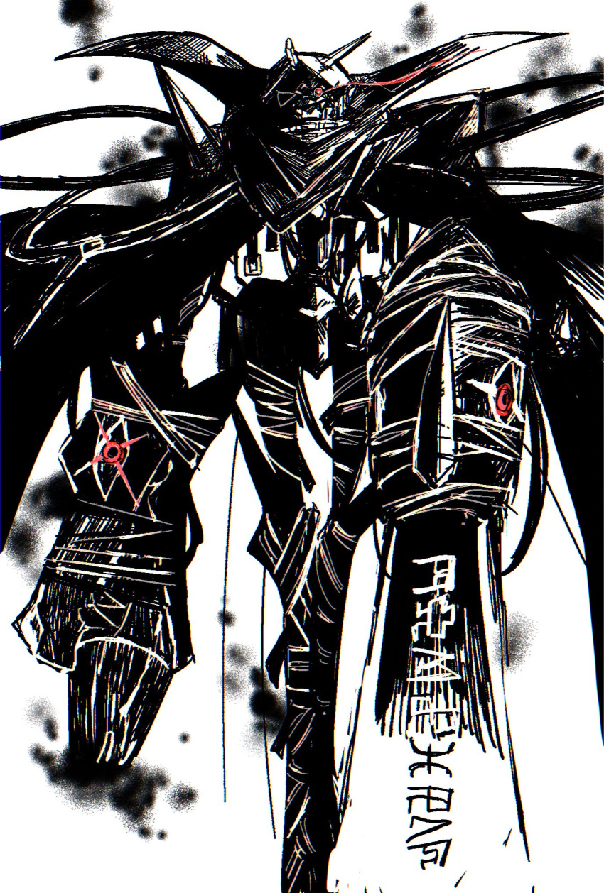 arm_blade, arm_cannon, bandages, broken_horn, digimon, digimon_(creature), energy_cannon, glowing, glowing_eye, highres, horns, megane_mochi, monochrome, omegamon_zwart_defeat, red_eyes, simple_background, spot_color, sword, weapon, white_background