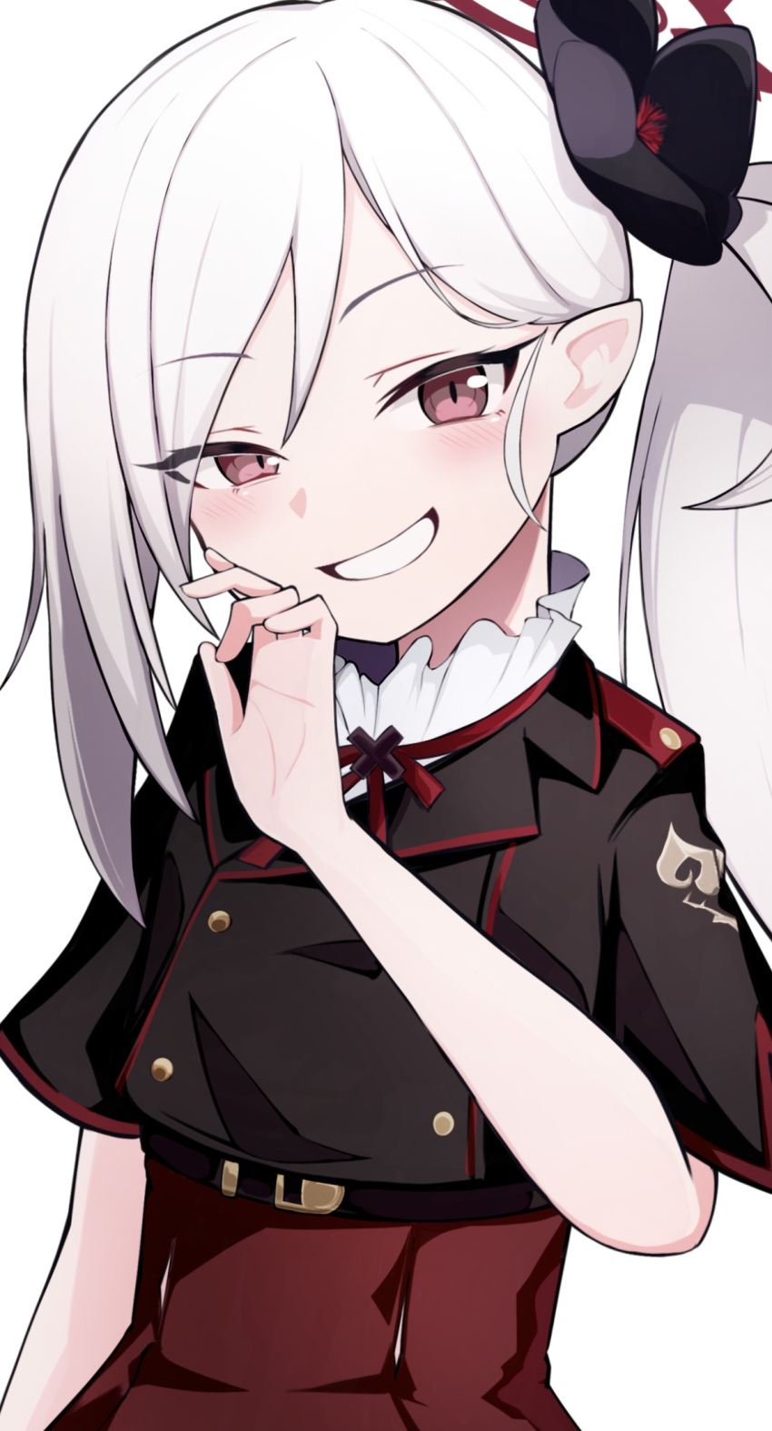 1girl, black_jacket, blue_archive, blush, commentary, grey_hair, grin, hair_ornament