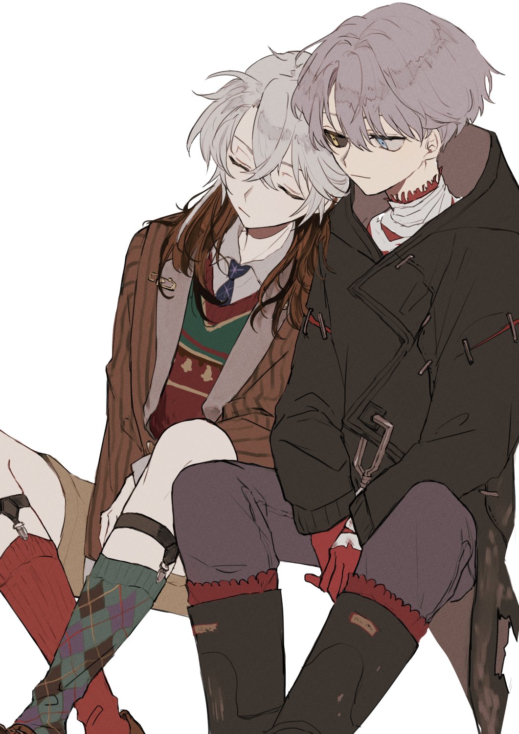 1boy, 1other, argyle_clothes, argyle_socks, asymmetrical_legwear, black_boots, black_coat, black_sclera