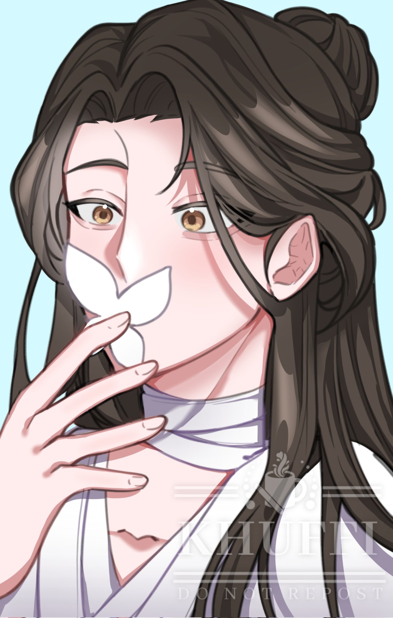 1boy, artist_name, bandaged_neck, bandages, black_hair, blue_background, brown_eyes, butterfly_on_mouth