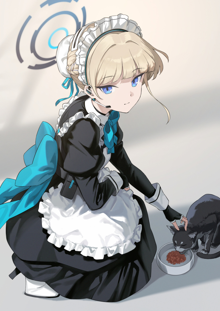 1girl, apron, black_dress, black_gloves, blonde_hair, blue_archive, blue_eyes, blue_halo