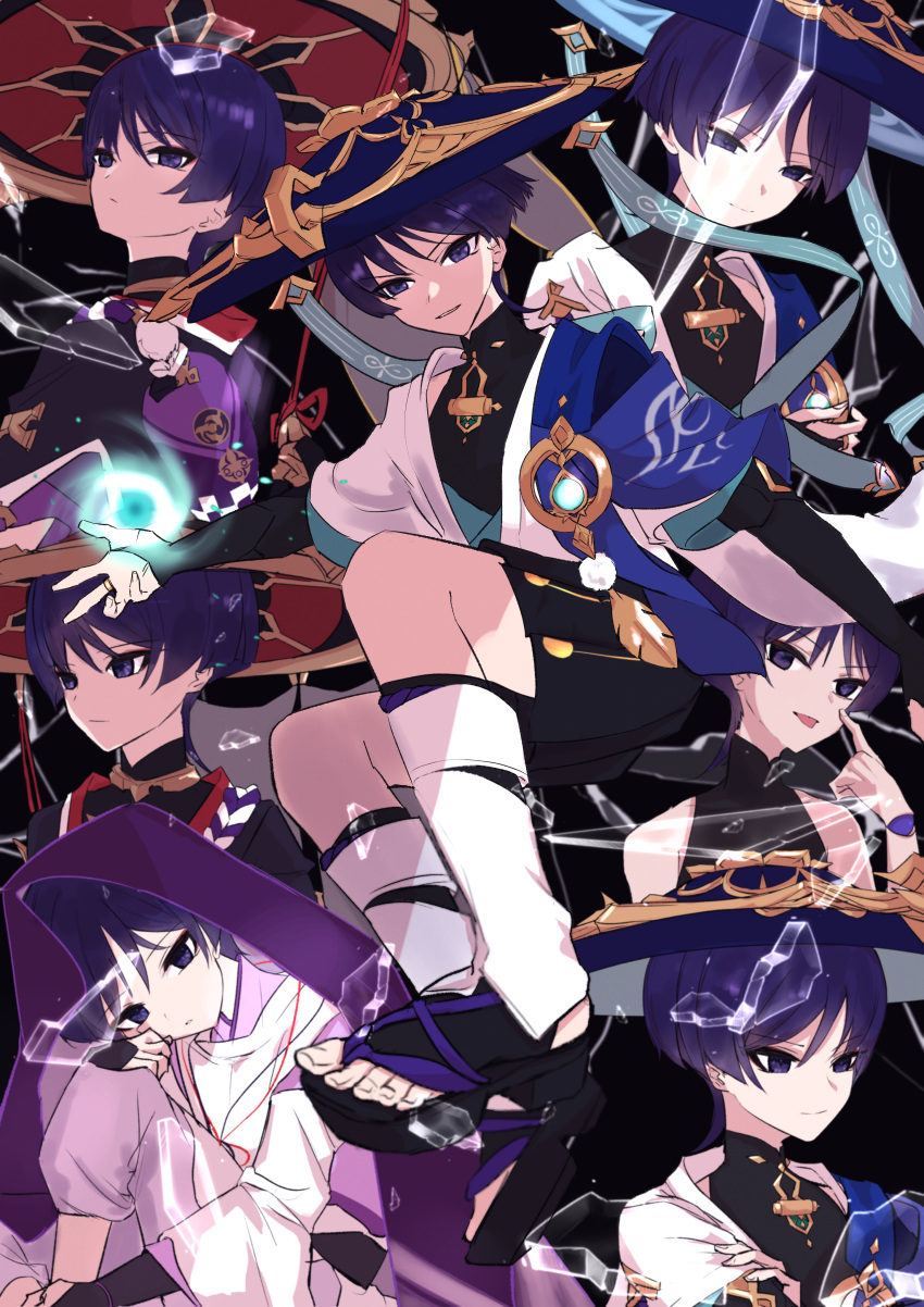 153107, 3boys, absurdres, akanbe, armor, black_background, black_bodysuit, black_bridal_gauntlets, black_leggings, black_sandals, black_shorts, black_sleeves, blue_gemstone, blue_hat, blue_kimono, blunt_ends, bodysuit, bridal_gauntlets, closed_mouth, clothing_cutout, crossed_arms, doll_joints, empty_eyes, eyelid_pull, eyeliner, eyeshadow, fatui_logo, feathers, finger_to_cheek, gem, genshin_impact, glass_shards, gold, gold_ring, hakama, hakama_shorts, hand_on_own_arm, hand_on_own_knee, hat, head_tilt, highres, holding, holding_jewelry, index_finger_raised, japanese_armor, japanese_clothes, jewelry, jingasa, joints, kariginu, kimono, knee_up, kote, kurokote, layered_kimono, layered_sleeves, leg_warmers, leggings, looking_at_viewer, looking_to_the_side, makeup, mandarin_collar, middle_ring, multiple_boys, multiple_persona, multiple_views, open_clothes, open_kimono, outstretched_arm, pants, pleated_shorts, pom_pom_(clothes), purple_bag, purple_hair, purple_kimono, purple_pants, purple_rope, purple_sleeves, purple_veil, red_eyeliner, red_eyeshadow, red_hat, rope, sandals, scaramouche_(genshin_impact), scaramouche_(kabukimono)_(genshin_impact), shimenawa, short_sleeves, shorts, shoulder_cutout, shoulder_peek, smile, smirk, split_mouth, toenails, toes, tongue, tongue_out, tsurime, turtleneck, turtleneck_bodysuit, v-shaped_eyebrows, veil, violet_eyes, vision_(genshin_impact), vortex, wanderer_(genshin_impact), white_kimono, white_leg_warmers, white_rope, white_sleeves, white_trim, wind, yellow_feathers, zouri