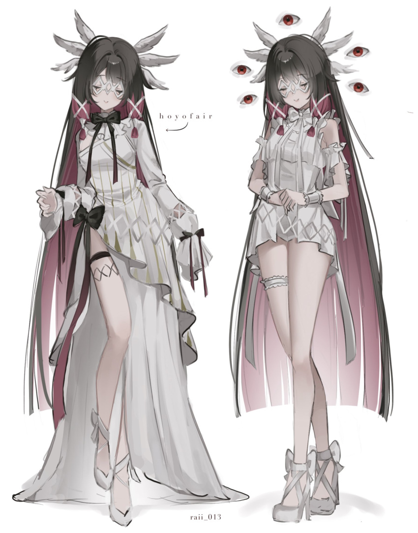 1girl, asymmetrical_sleeves, black_bow, black_bowtie, black_hair, blunt_bangs, blunt_ends, blunt_tresses