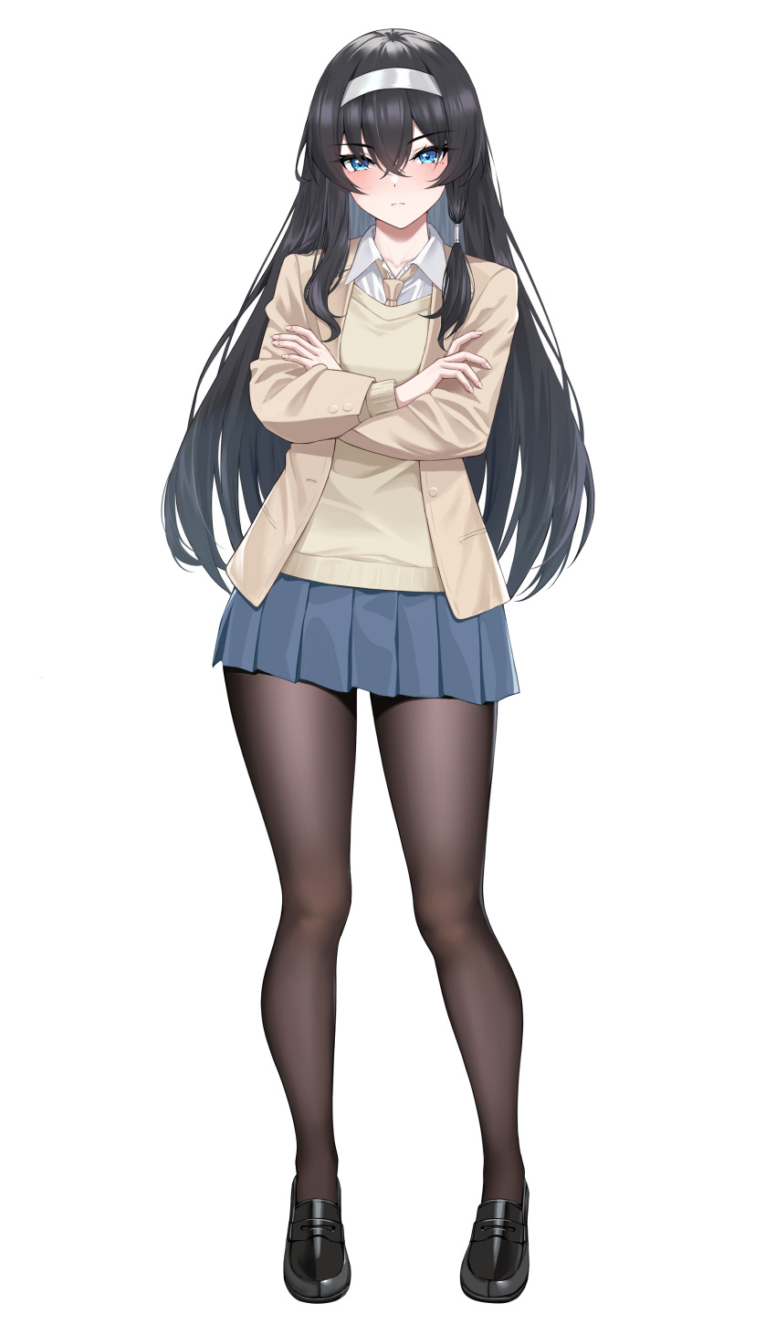 1girl, absurdres, black_hair, black_pantyhose, blue_eyes, blue_skirt, blush, breasts
