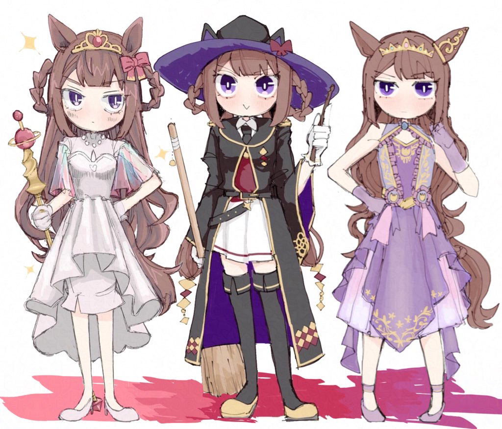 1girl, animal_ears, black_boots, black_hat, black_necktie, boots, braid, braided_hair_rings, bright_pupils, broom, brown_hair, commentary, dress, full_body, gloves, hair_bun, hair_rings, half_updo, hat, high-low_dress, holding, holding_broom, holding_staff, horse_ears, horse_girl, horse_tail, kawakami_(kwkm_g), long_hair, long_sleeves, medium_dress, multiple_views, necktie, official_alternate_costume, purple_dress, purple_gloves, red_vest, sidelocks, single_side_bun, skirt, skirt_under_dress, staff, sweep_tosho_(realize_rune)_(umamusume), sweep_tosho_(umamusume), tail, thigh_boots, tiara, umamusume, vest, violet_eyes, white_background, white_dress, white_pupils, white_skirt, witch_hat