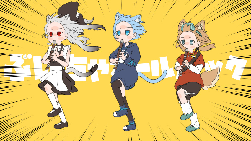3girls, absurdres, alternate_costume, animal_ear_fluff, animal_ears, apron, black_dress, black_shoes, black_shorts, black_thighhighs, blue_eyes, blue_hair, blue_hoodie, blue_shoes, bow, cat_ears, cat_girl, cat_tail, dog_ears, dog_girl, dog_tail, dress, emphasis_lines, floating_hair, flute, forehead, full_body, goggles, goggles_on_head, green_shoes, grey_hair, hat, highres, holding, holding_instrument, hood, hood_down, hoodie, instrument, kneehighs, layered_sleeves, long_hair, long_sleeves, low_twintails, maid, mamehinata, maya_(vrchat), multicolored_hair, multiple_girls, music, parody, pinafore_dress, playing_instrument, puffy_sleeves, recorder, red_eyes, red_shirt, rusk_(komado_booth), shirt, shoes, short_hair, short_over_long_sleeves, short_sleeves, shorts, sleeveless, sleeveless_dress, socks, standing, standing_on_one_leg, sweater, tail, thigh-highs, twintails, vrchat, white_apron, white_shirt, white_socks, wind, yashirochan_846, yellow_background