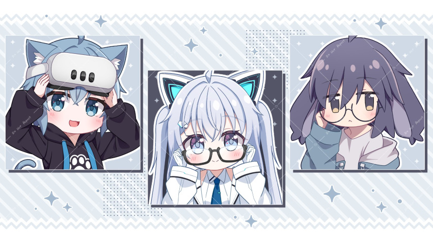 3girls, :3, :d, adjusting_eyewear, ahoge, animal_ear_fluff, animal_ear_headphones, animal_ears