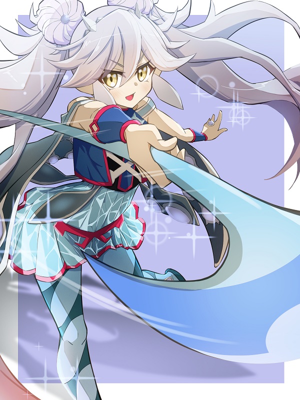 1girl, blue_dress, blue_pantyhose, blush, bracelet, double_bun, dress, duel_monster