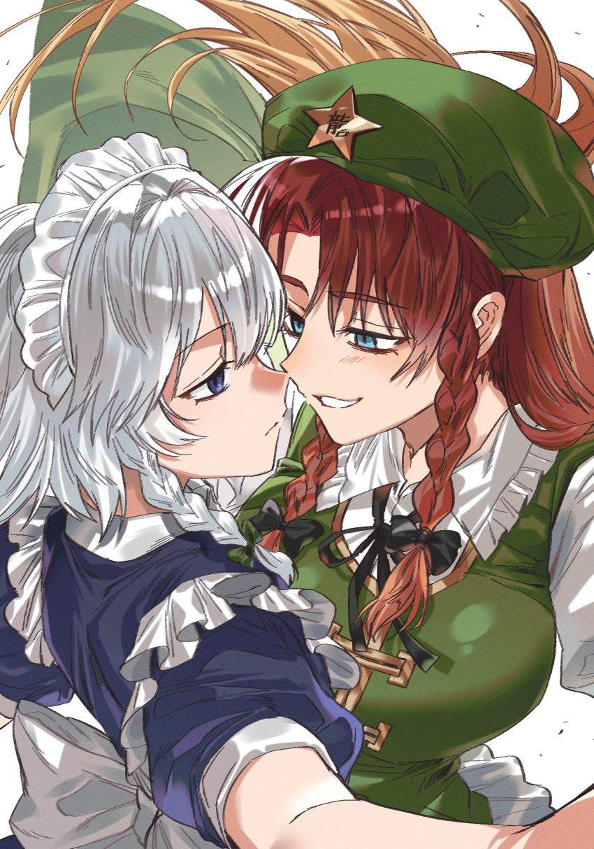 2girls, blue_dress, blue_eyes, blush, braid, dress, expressionless, frills
