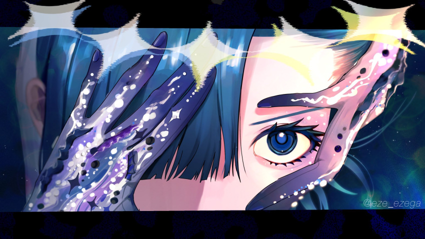 1girl, black_eyes, black_hair, close-up, eye_focus, eze_ezega, gloves, hands_on_own_face