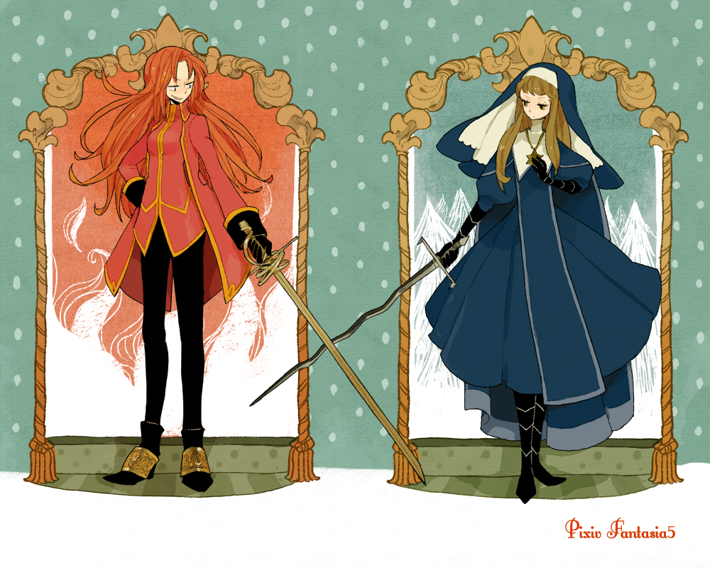 blonde_hair, brown_eyes, brown_hair, carmen_(pixiv_fantasia), celes_(pixiv_fantasia), ceres_(pixiv_fantasia), dress, gargadia_empire