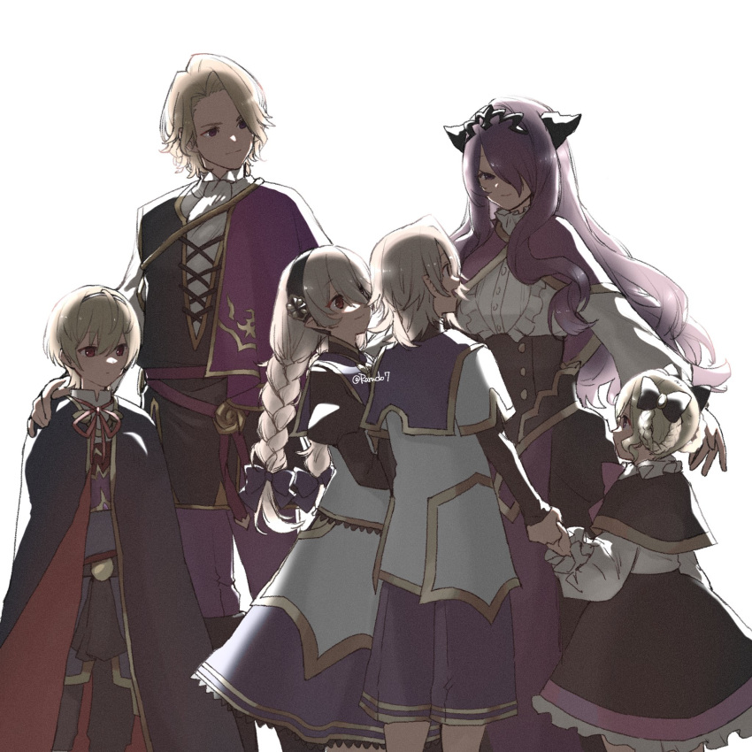 3boys, 3girls, aged_down, black_hairband, black_horns, blonde_hair, braid, brother_and_sister