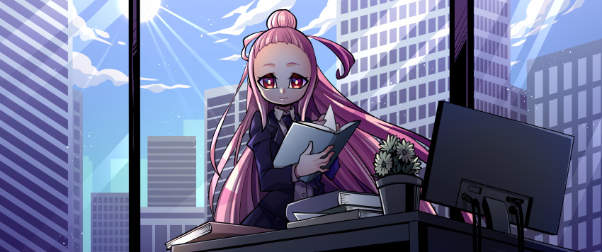 absurdres, book, computer, flower, forehead, hair_bun, highres, indie_virtual_youtuber, long_hair, necktie, non-web_source, original, pink_hair, pop_einsworth, school_uniform, senmu_(0107), simple_background, skirt, very_long_hair