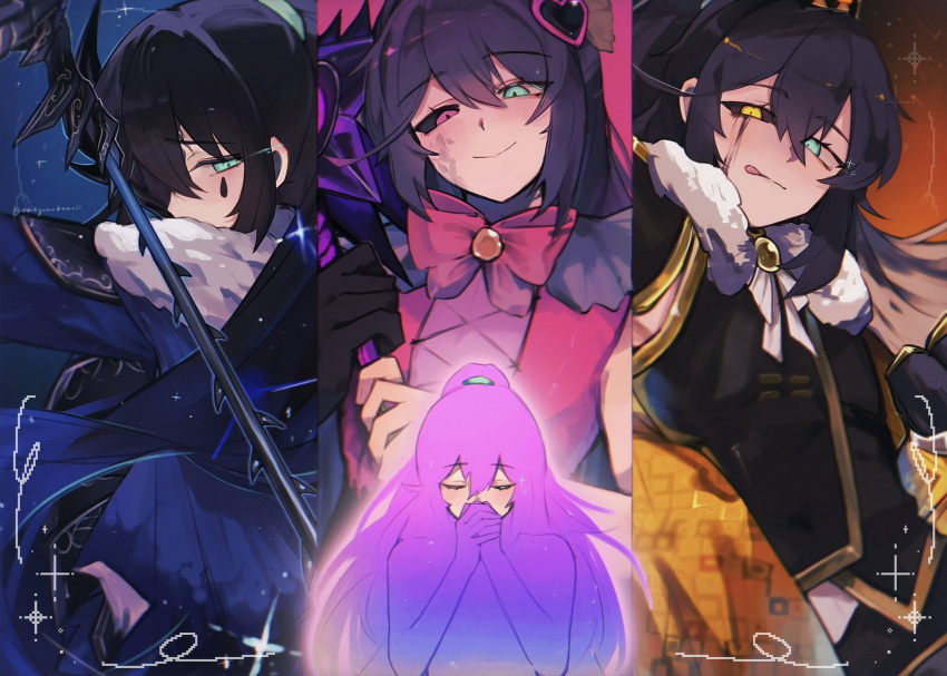 4boys, :q, adapted_costume, alternate_costume, alternate_eye_color, alternate_weapon, androgynous, artist_name