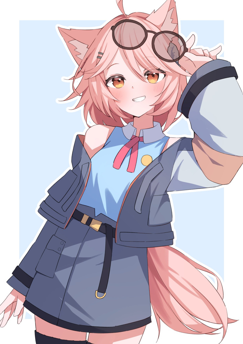 1girl, ahoge, animal_ear_fluff, animal_ears, bare_shoulders, belt, black-framed_eyewear, black_thighhighs