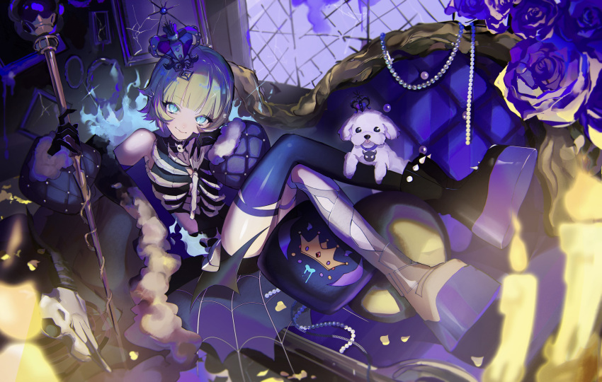 1girl, absurdres, animal_collar, aqua_eyes, beads, black_crown, black_skirt, blonde_hair