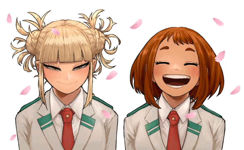 2girls, blazer, blonde_hair, boku_no_hero_academia, brown_hair, brown_jacket, closed_eyes, closed_mouth