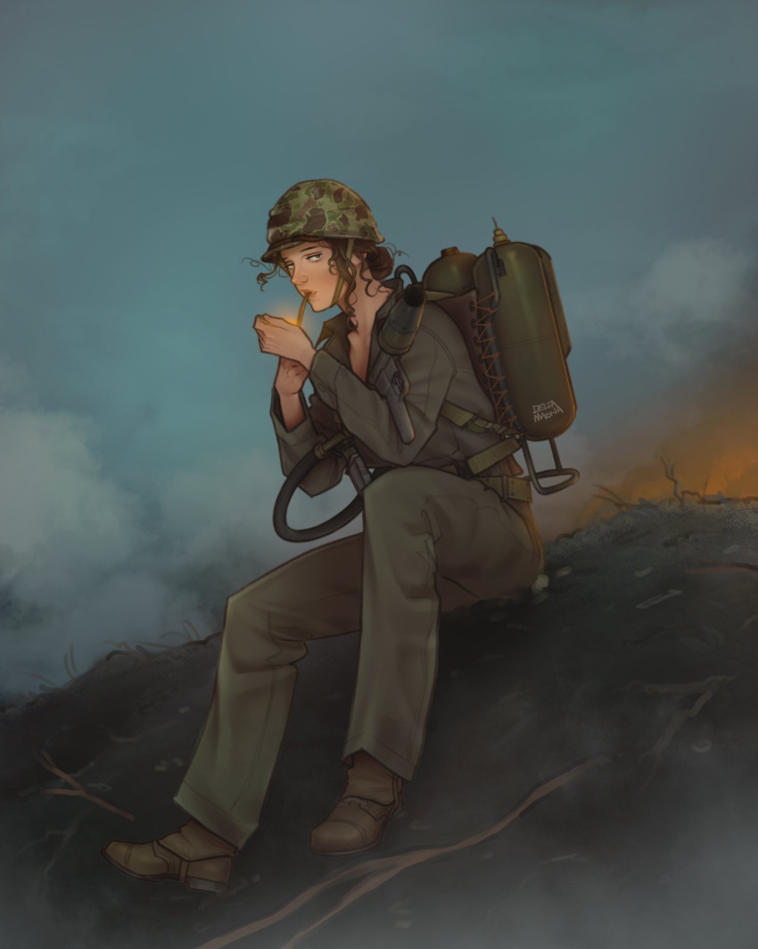 1girl, artist_name, blush, boots, brown_hair, camouflage, camouflage_headwear, clouds