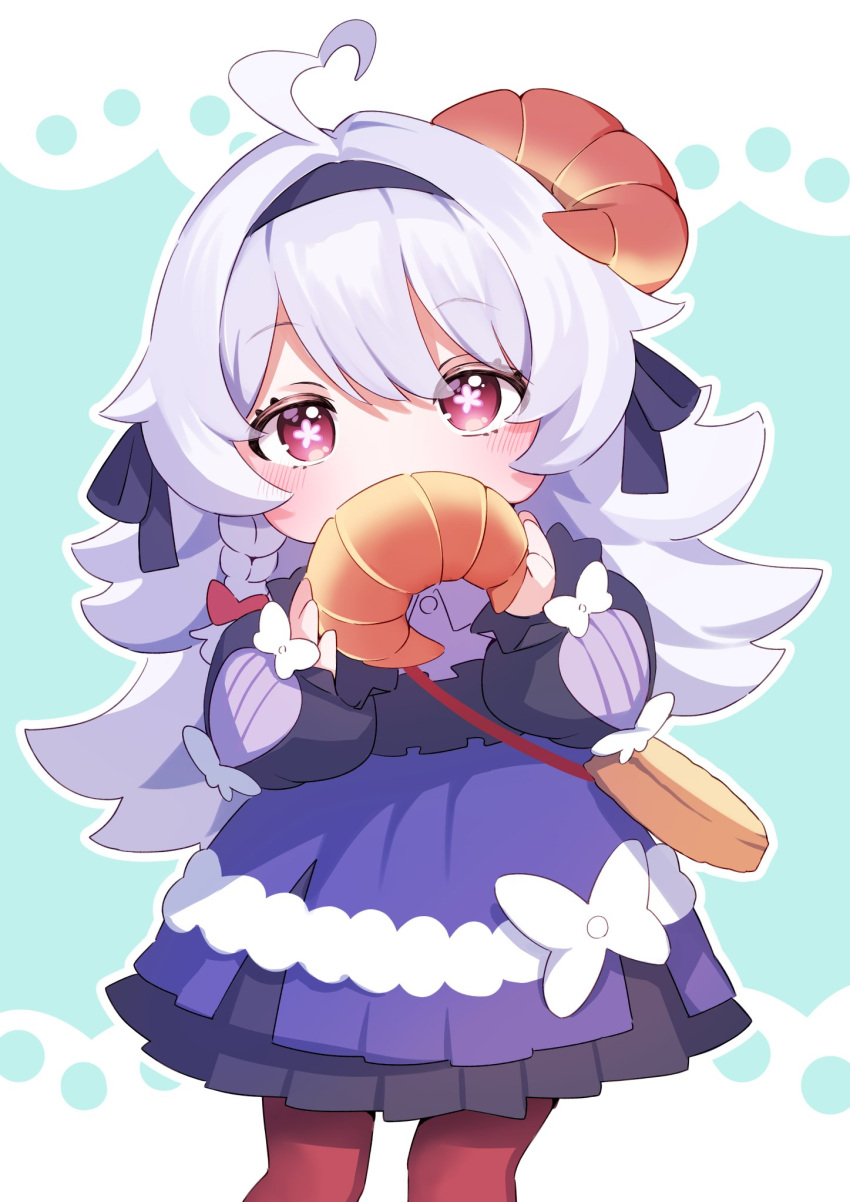 1girl, ahoge, bag, black_hairband, black_ribbon, black_shirt, blue_background, blush, bow, braid, chibi, cornet_(vrchat), covered_mouth, dress, food, frills, grey_hair, hair_between_eyes, hair_bow, hair_ribbon, hairband, hands_up, heart, heart_ahoge, highres, holding, holding_food, long_hair, long_sleeves, looking_at_viewer, outline, pantyhose, puffy_sleeves, purple_shirt, purple_skirt, red_eyes, red_pantyhose, ribbon, shirt, shoulder_bag, side_braid, simple_background, single_braid, six_box, skirt, solo, standing, symbol-shaped_pupils, two-tone_background, vrchat, white_background, white_hair, white_outline