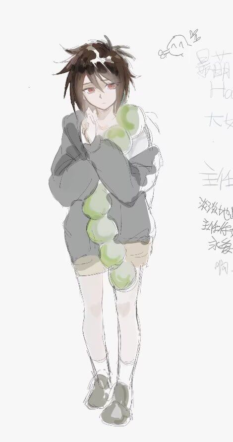 1boy, black_shoes, brown_hair, brown_shorts, chinese_commentary, closed_mouth, commentary_request, expressionless, full_body, grey_jacket, hair_between_eyes, isoi_haruki, jacket, long_sleeves, male_focus, off_shoulder, patient51311752, red_eyes, saibou_shinkyoku, shoes, short_hair, shorts, simple_background, socks, solo, white_background, white_socks