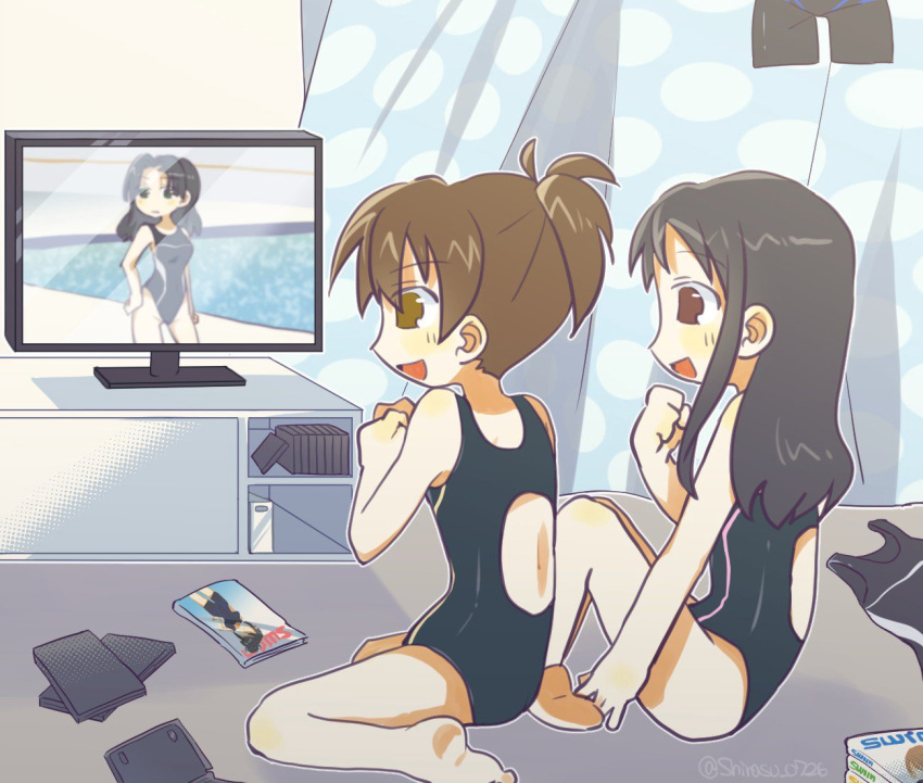 3girls, :d, barefoot, black_hair, brown_eyes, brown_hair, competition_swimsuit, dvd_case, folded_ponytail, from_side, full_body, ga-rei, ga-rei_zero, long_hair, manabe_miku, multiple_girls, nm_shirasu, one-piece_swimsuit, original, sitting, smile, swimsuit, television, wariza, watching_television, yanase_chizuru