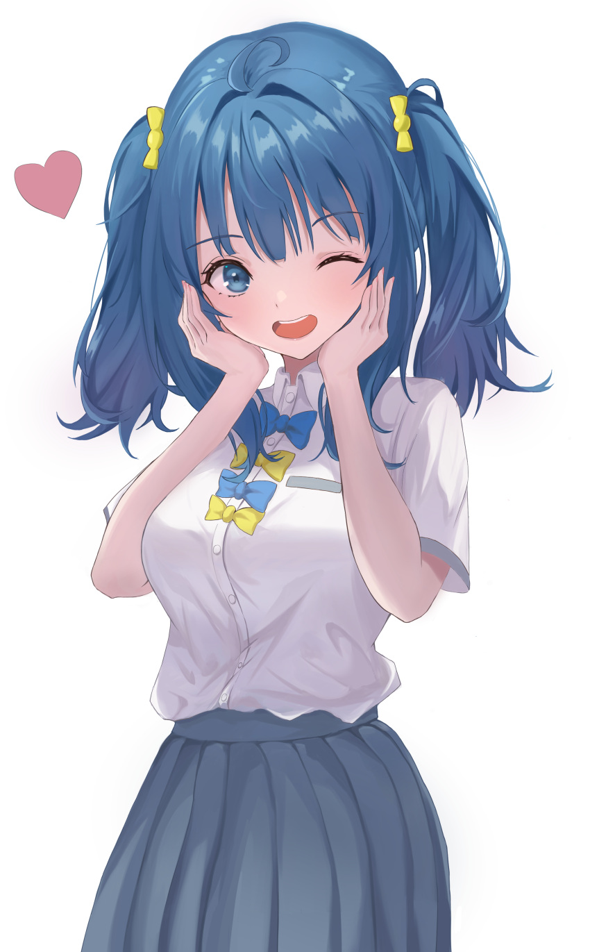 1girl, absurdres, ahoge, alternate_costume, blue_bow, blue_bowtie, blue_eyes, blue_hair, bow, bowtie, collared_shirt, cowboy_shot, grey_skirt, hair_ribbon, hands_up, heart, highres, ko_haru, looking_at_viewer, make_heroine_ga_oo_sugiru!, medium_hair, one_eye_closed, open_mouth, pleated_skirt, ribbon, school_uniform, shirt, short_sleeves, simple_background, skirt, solo, summer_uniform, tsuwabuki_high_school_uniform, twintails, white_background, white_shirt, yanami_anna, yellow_bow, yellow_bowtie, yellow_ribbon