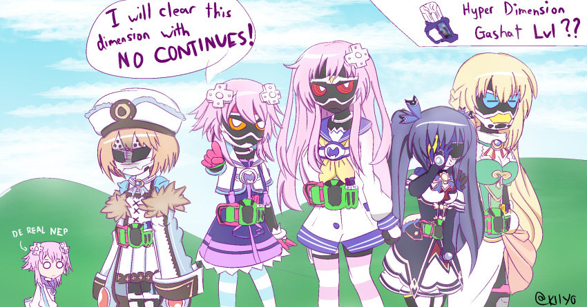 1girl, 5boys, artist_name, bare_shoulders, black_hair, blanc_(neptunia), blanc_(neptunia)_(cosplay), blonde_hair