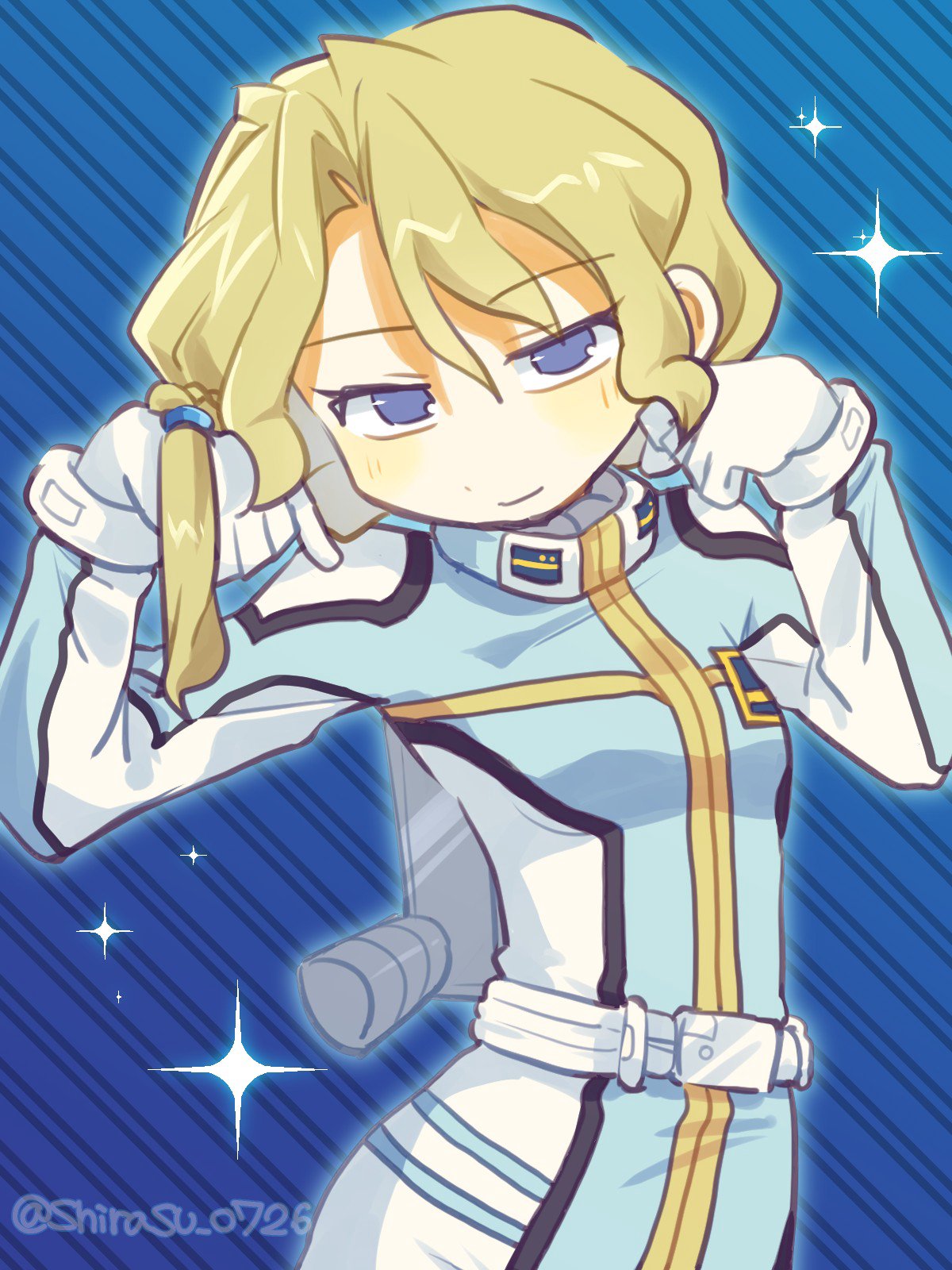 1girl, blonde_hair, blue_background, blue_eyes, braid, breasts, chloe_croce, curly_sidelocks