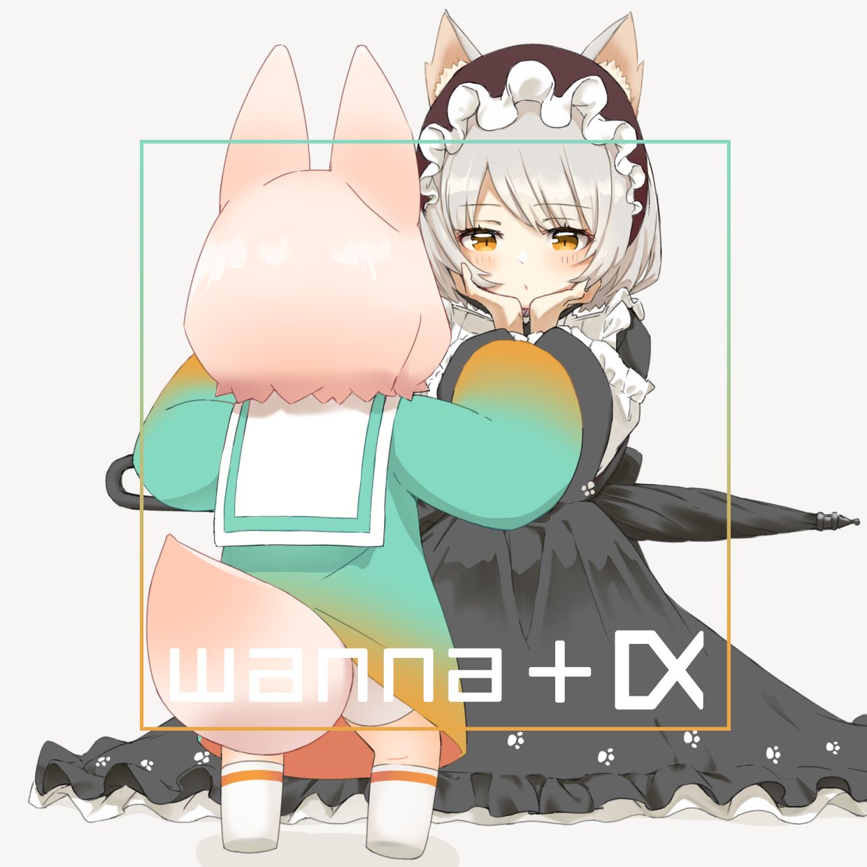 2girls, animal_ear_fluff, animal_ears, ass, black_dress, black_umbrella, blush, bonnet