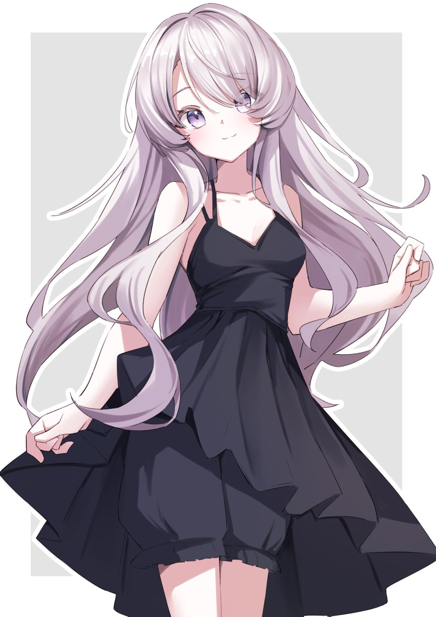 1girl, bare_arms, bare_shoulders, black_dress, bloomers, blush, breasts, closed_mouth, collarbone, dress, grey_background, grey_hair, hair_over_one_eye, highres, long_hair, looking_at_viewer, nanase_noir_(vrchat), shorts, simple_background, six_box, sleeveless, sleeveless_dress, small_breasts, smile, solo, two-tone_background, underwear, very_long_hair, violet_eyes, vrchat, white_background