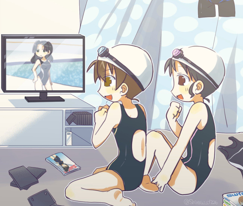 3girls, :d, barefoot, black_hair, brown_eyes, brown_hair, competition_swimsuit, dvd_case